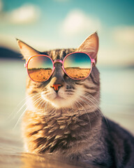 Cat wearing sunglasses on the beach.,cat in the sun,cat on the beach,a cat on the beach wearing sunglasses in FIJI cinematic 