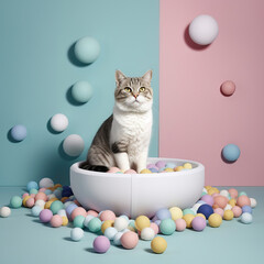 Cat photography in pink and blue scene, conceptual scene, pet photography,A charming commercial shot featuring a cat litter box