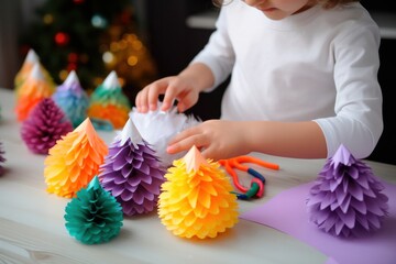 A cute sweet girl makes Christmas decorations. Crafts for holiday. Handmade New Year origami with paper Christmas fir tree. Holiday idea for family time and gift for beloved. DIY and kids creativity - Powered by Adobe