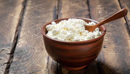 cottage cheese in clay bowl with spoon on rustic wooden table