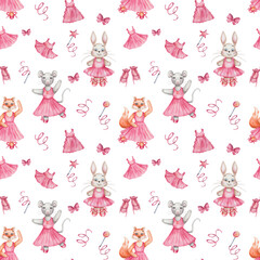Watercolor seamless pattern. Hand painted illustration of mouse, fox, rabbit, hare. Girls in dance studio in pink dress, ballet shoes. Cartoon animal character. Print on white background for textile