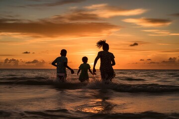 Fototapeta premium Happy African family mom and her kids run into the sea together. beach at summer sunset rear view. incomplete family. Family with child enjoy outdoor lifestyle vacation at the sea