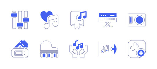 Music icon set. Duotone style line stroke and bold. Vector illustration. Containing controller, love song, music, piano, music player, concert, grand piano, music album.