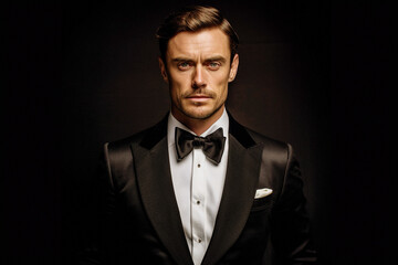 Smart gentleman wearing a stylish tuxedo, neutral background - obrazy, fototapety, plakaty
