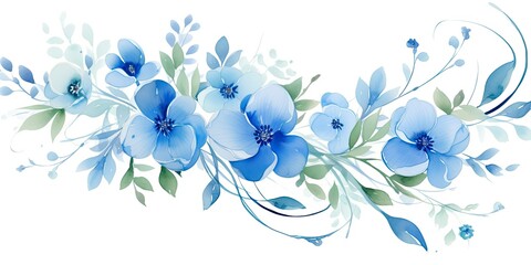 Fototapeta na wymiar A Captivating Array of Blue Watercolor Flowers and Lush Green Leaves. Delicate Buds Add a Touch of Elegance to this Botanical Composition Generative AI Digital Illustration