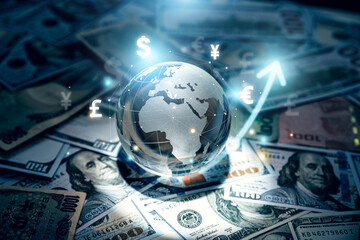 Crystal globe on many currency, World bank, Money transfers and currency exchanges between countries of the world.