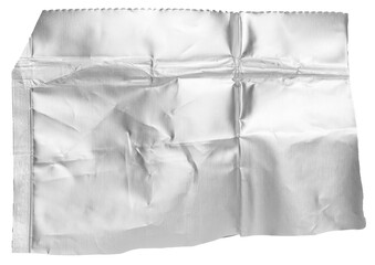 One single piece of cut out crumpled bright shiny metallic aluminium foil, isolated on white or transparent background with copy space for text
