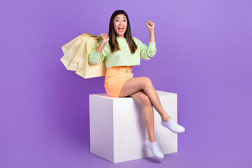 Full length photo of ecstatic overjoyed girl wear stylish pullover sit on platform buy new clothes isolated on violet color background