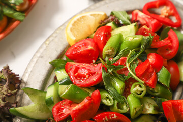 Traditional Turkish Breakfast served with traditional turkish tea on marble table, traditional Turkish breakfast of sliced tomatoes, peppers and cucumbers
