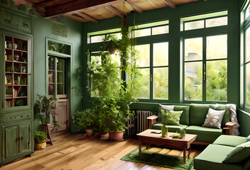 Fototapeta premium Living room with green wall and green sofa with white cushion,Modern living room with walls and white furniture,Generative AI