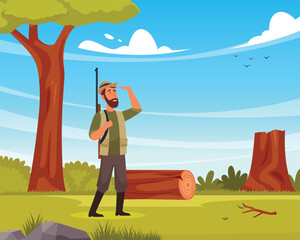 Hunter vector with man observing cartoon character