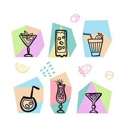 Cute set with cocktails collection, alcoholic and non-alcoholic summer drinks with ice cubes, fruits in doodle style.