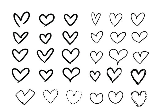 Naklejka Big set of hand writting hearts. Line web icon set. Outline icons collection. Simple vector illustration. Heart, love.