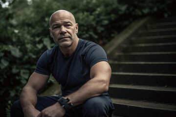 Portrait of muscular middle age man in his 50s, powerful, sitting in casual wear, urban nature background