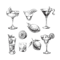 Set of sketch cocktails alcohol drinks hand drawn illustration. booze © martstudio