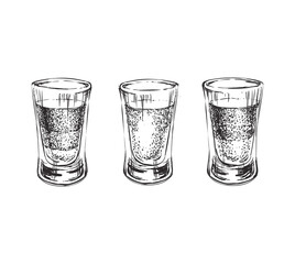 Lets Drink. Alcoholic drinks in shot glasses. Hand Drawn Drink Illustration. 