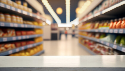 White desk with Supermarket on the background out focus, Food shelf, Ai Generate 
