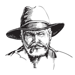 Portrait Cowboy, farmer. rancher . Hand drawn sketch illustration