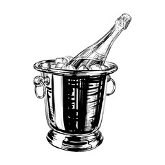 Champagne Bottle Bucket Hand Drawing Illustration Bubbles. Alcoholic Drink.