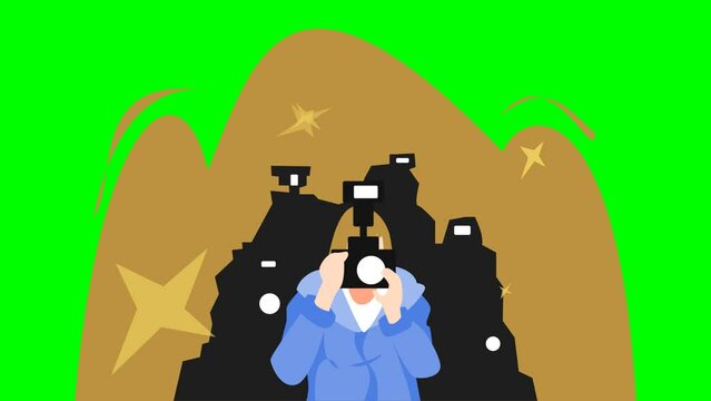 animation of paparazzi taking pictures with camera. flash. many paparazzi silhouettes. green screen. celebrity, profession concept. flat style