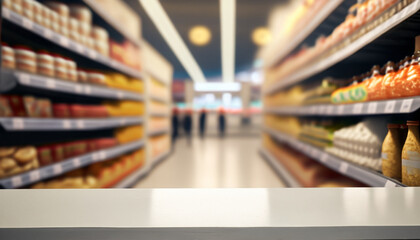 free space for your decoration, White  wooden desk, White table with Supermarket on the background out focus, wallpaper.png 1, Ai Generate 