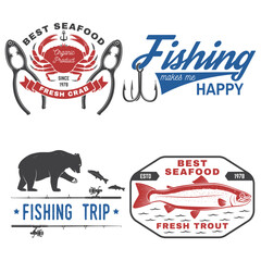 Set of fishing and seafood badges, logos, labels, sticker. Vector. For emblem, sign, patch, shirt, menu restaurants with fishing rods, hook, tuna, trout, shrimp, octopus silhouette