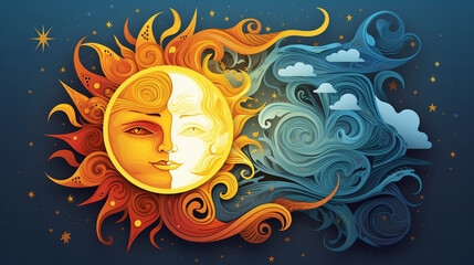Sun vs moon, a face that is a mix of the sun with the moon in organge and blue