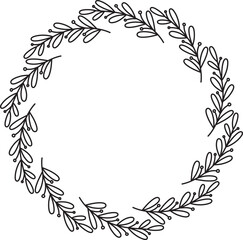Hand drawn round botanical frame isolated on white background. Vector doodle wreath with branches.	
