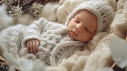 Professional photo shoot of a newborn baby in a knitted suit and a hat with ears, a baby sleeping in a soft location with toys in the form of a little bear cub. Created in AI.	
