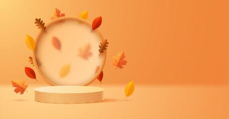 Autumn wicker round podium with a matte transparent display against the background of falling leaves.