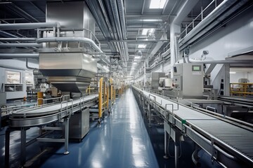 Food Processing Facility With Conveyor Belt, Generative AI - obrazy, fototapety, plakaty