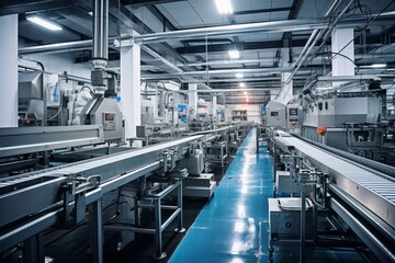 Fototapeta premium Food Processing Facility With Conveyor Belt, Generative AI