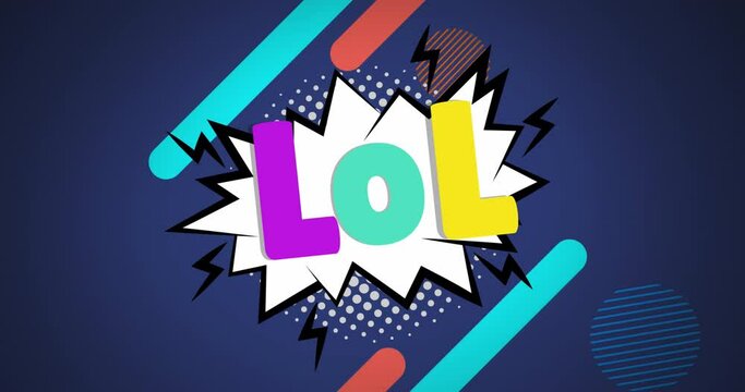 Animation of retro lol text and abstract shapes moving over blue background