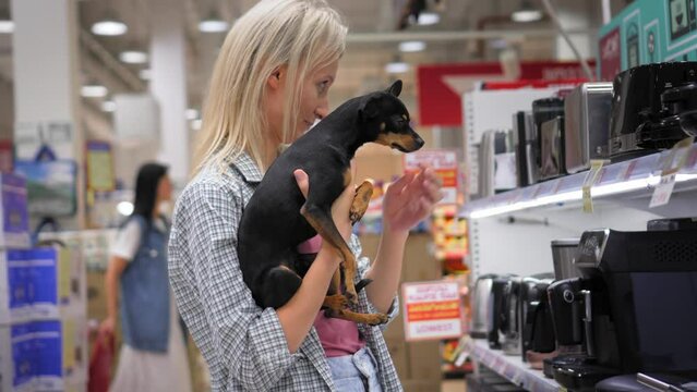 Young beautiful blonde with her little dog toy terrier walks around supermarket or store and picks up household appliances. Family, freedom from children. Child Free