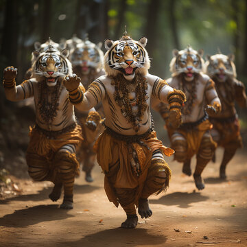 Colorful Artist Illustrations: Tiger Festival in India - Vibrant Depictions of Joyous Tiger Dance and Cultural Celebrations.