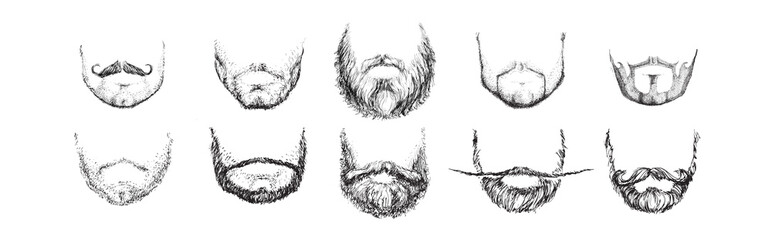 A set of different beards drawn by hand. Shaving. Barber.
