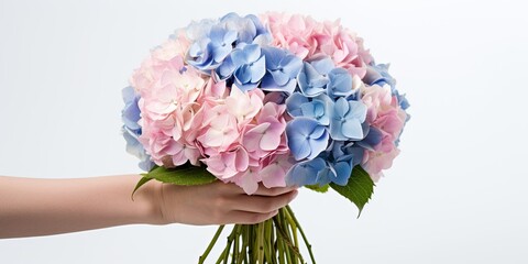 A Delicate Hand Holding a Bouquet of Blue Hydrangea Flowers and Pink Roses, Generative AI Digital Illustration