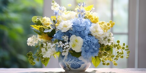 Serene Harmony: A Captivating Bouquet of Blue Hydrangeas and Yellow Asters Against a Lush Floral Background Generative AI Digital Illustration