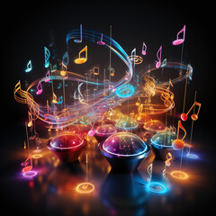A Stunning Image of a Bright Depiction of 3D Musical Notes with Color Variations Floating and Swirling in a Dark Black Background like a Fairytale Light