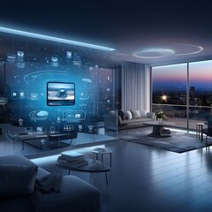 a smart home, showcasing a seamless integration of virtual interface devices and appliances. Generative AI
