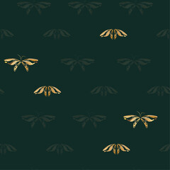 Fototapeta na wymiar Seamless Pattern with Golden Butterflies on Dark Green Background