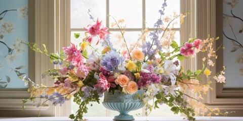 Beautiful Spring Bouquet Adorning an Elegant Interior.  Generative AI Digital Illustration