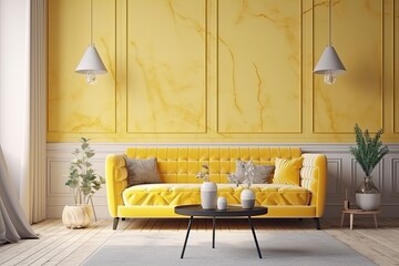 Modern living room interior with yellow sofa against yellow wall with lamps and plants in flower pots.