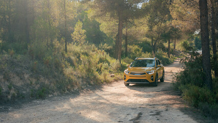 Yellow car in a forest road at sunset