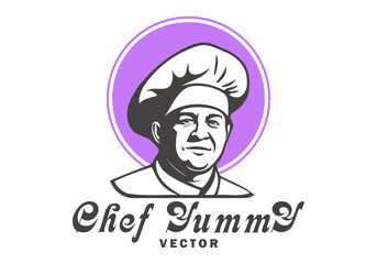 Vector graphic logo. Portrait of a kind cook with a lilac circle. Lettering Chef yummy. White isolated background.