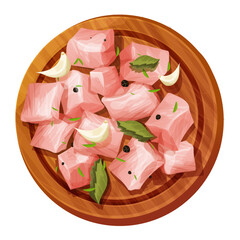 Chicken pieces, cubes raw meat, chopped slices with spices, garlic and leaves on wooden bord top view in cartoon style isolated on white background. Uncooked ingredient. 