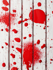 illustrazione con gocce, schizzi, macchie di vernice rossa su superficie in legno rustico bianca, vista dall'alto, Generative Ai