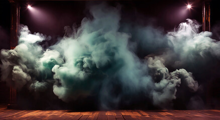 blue and green smoke envelops a wooden floor 