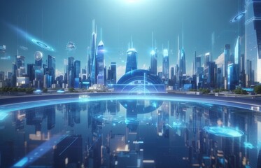 Fototapeta na wymiar Future Hologram Technology Showing Cityscape