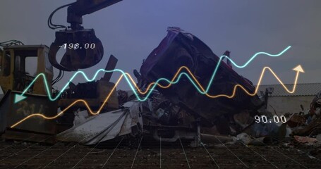 Animation of financial data processing and statistics over machinery in wasteland - Powered by Adobe